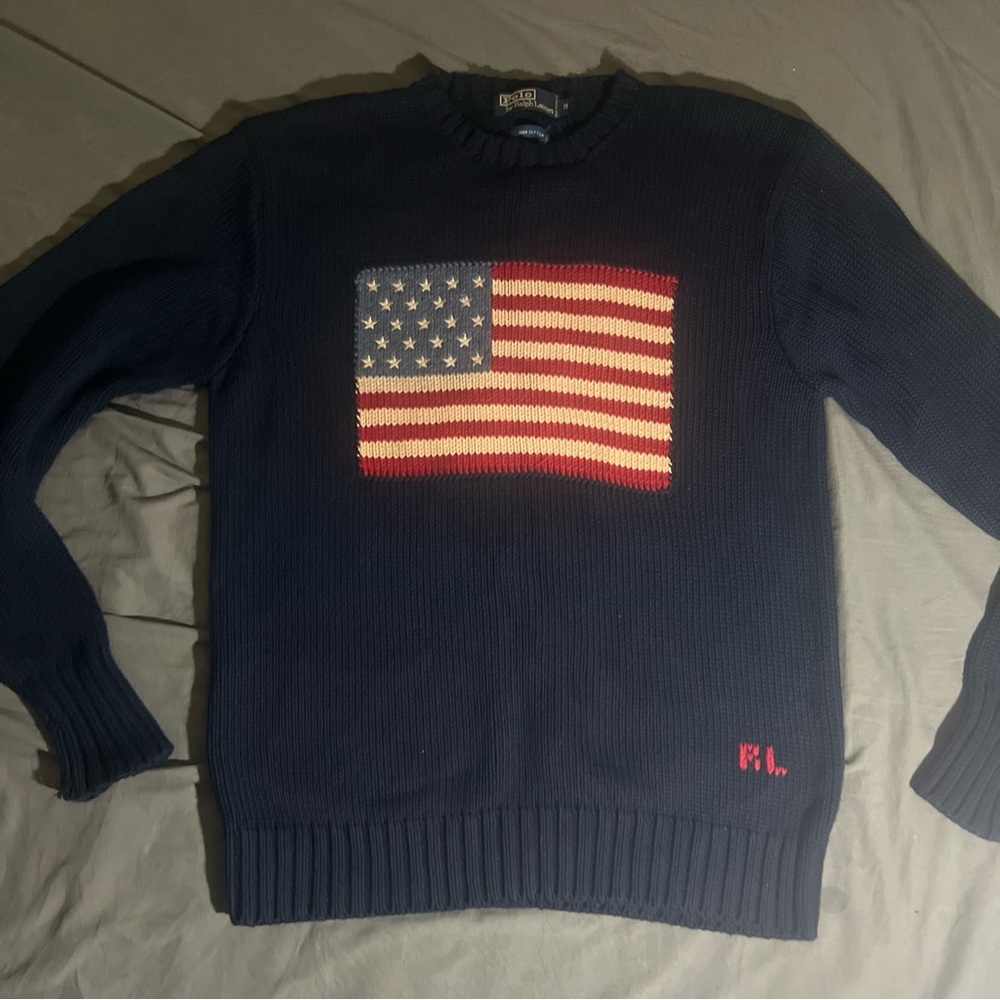 Vintage Polo by Ralph Lauren Navy Blue American Flag Knit Late 80s/Early 90s SzM